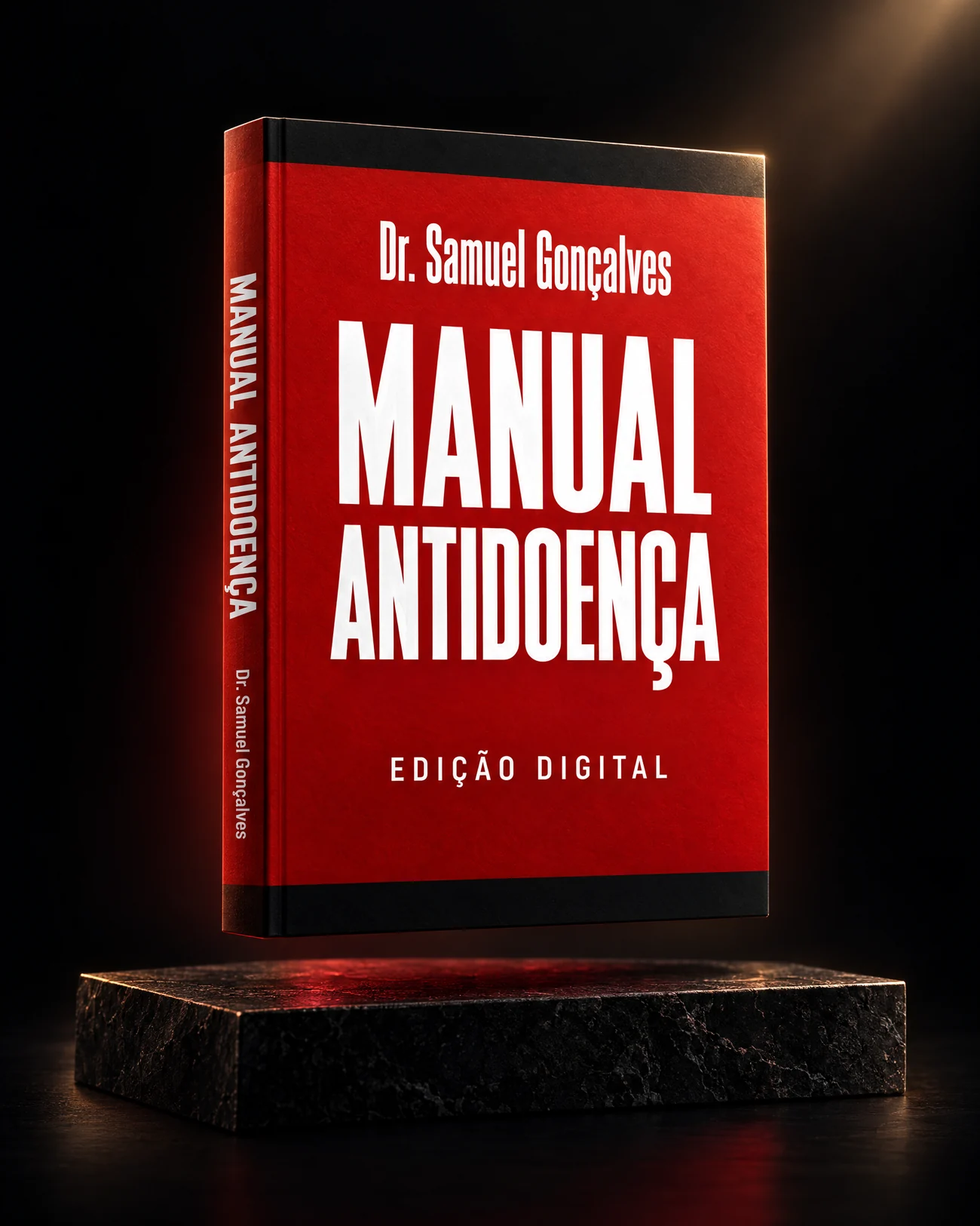 Mockup ilustrativo da edição digital do Manual Antidoença, com capa vermelha e título branco.